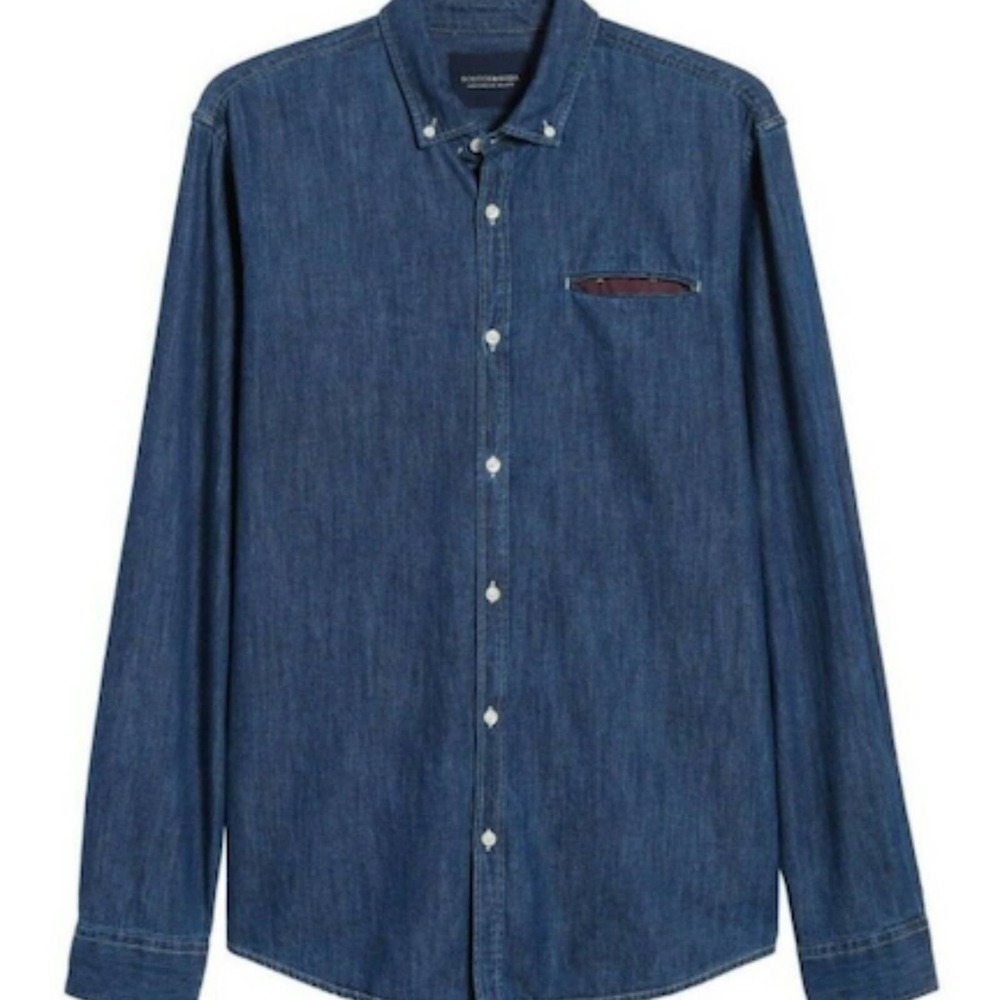 Scotch & Soda Amsterdams Blauw Dark Blue Denim Chambray Pocket Square Shirt